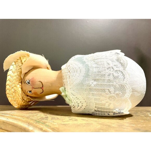 Vintage Hand Painted Farmer Bunny Gourd Art Shaker Style Lace Dress & Straw Hat - Picture 6 of 6